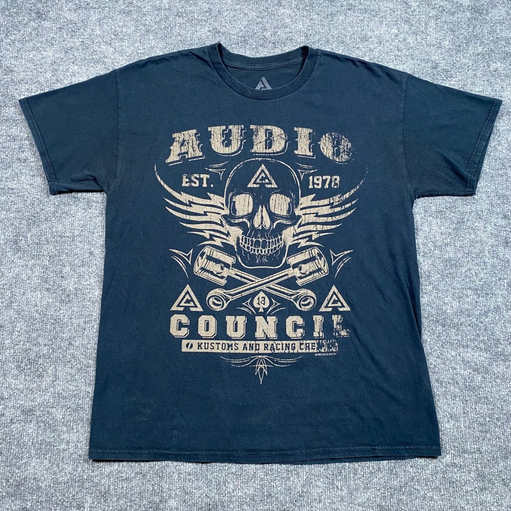 Audio Council Mens Black Skull Pistons‎ Racing Crew Graphic T-Shirt Large